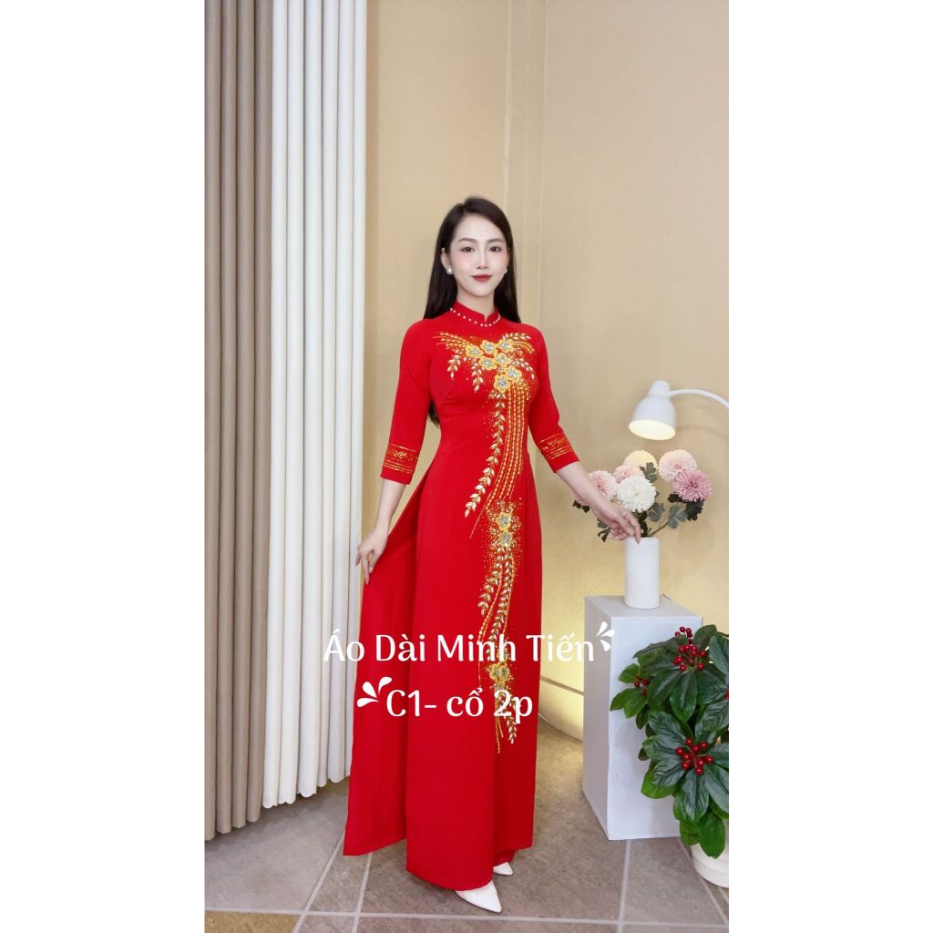 Ao Dai Made of High Quality American Silk with Stone Applique Patterns + เย็บมืออย่างพิถีพิถัน - รหั
