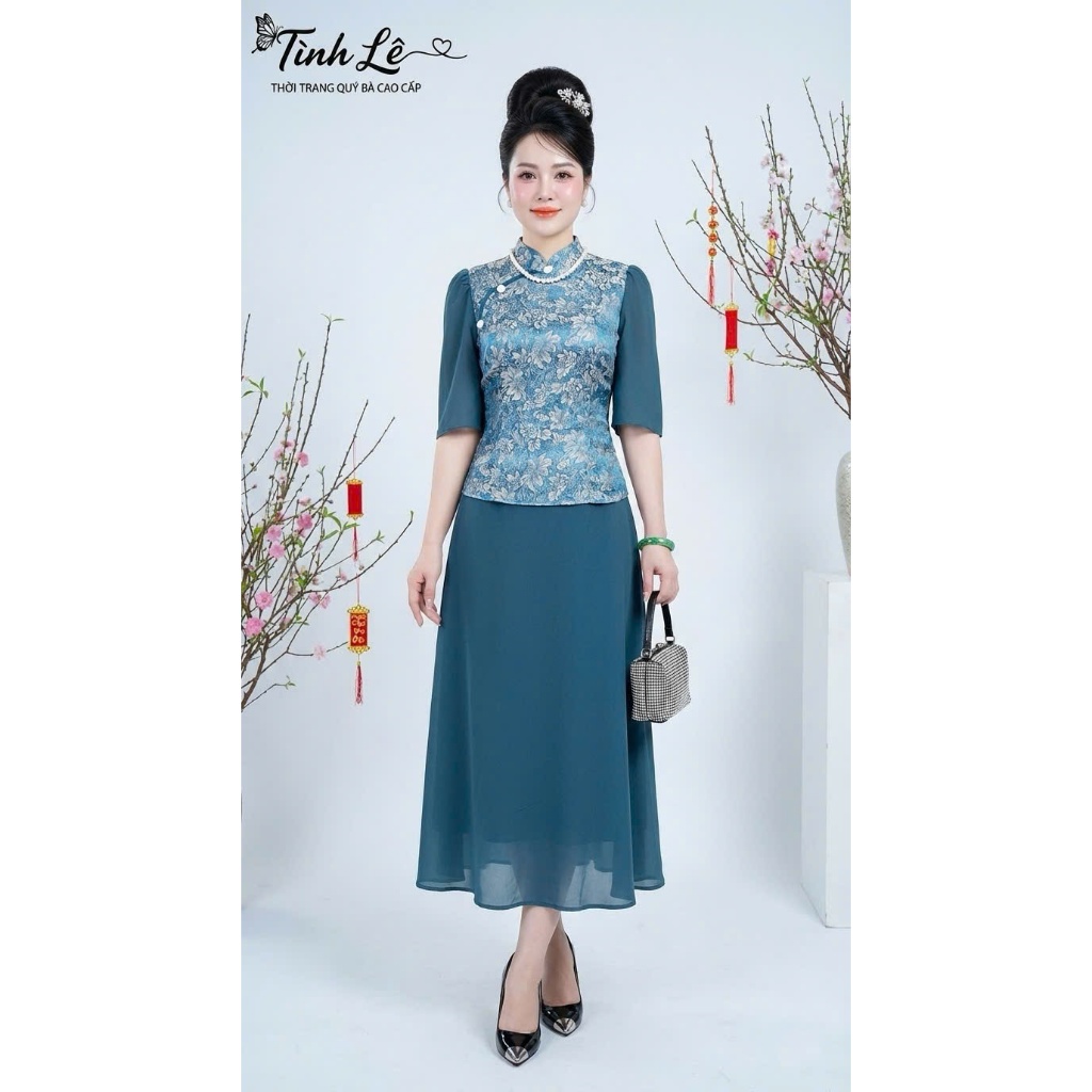 CODE 826 SILK Chiffon Dress - 2-LAYER T-NECKLACE Brocade WOmen Dress