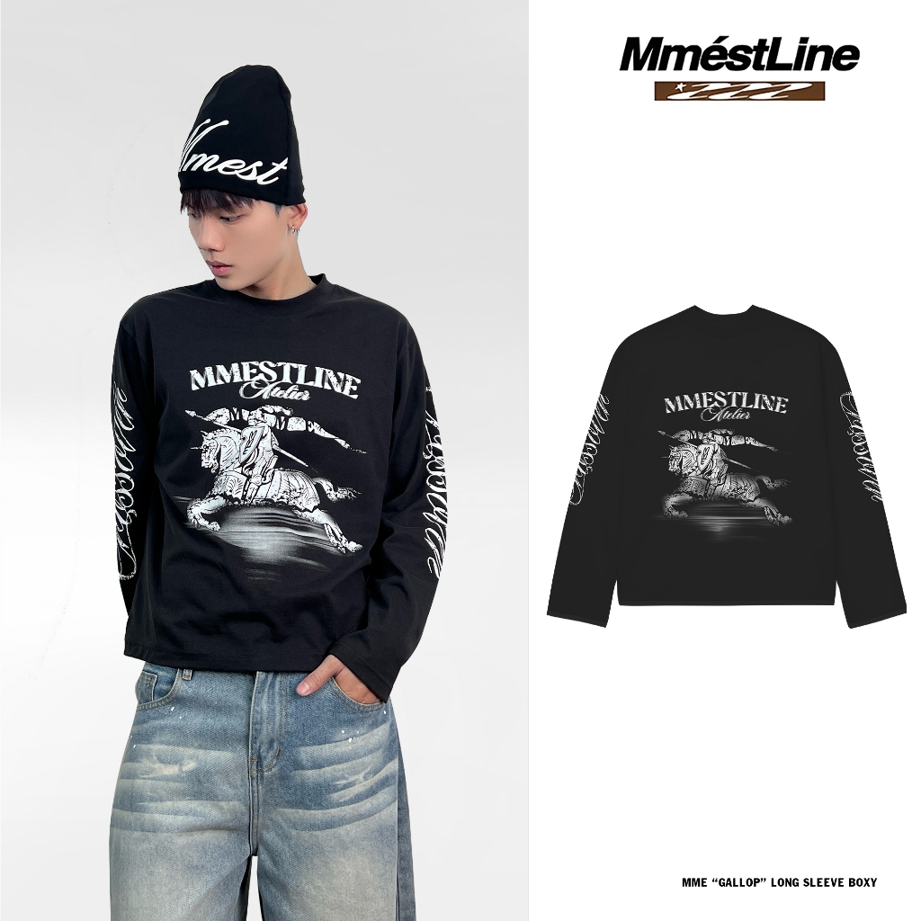 [Secret 5.5] Longsleeve MMEเสื้อกล้าม "GALLOP" Form Boxy เสื้อยืดแขนยาวพิมพ์ลายผ้าไหมนูนในผ้าคอตตอนพรีเมียม