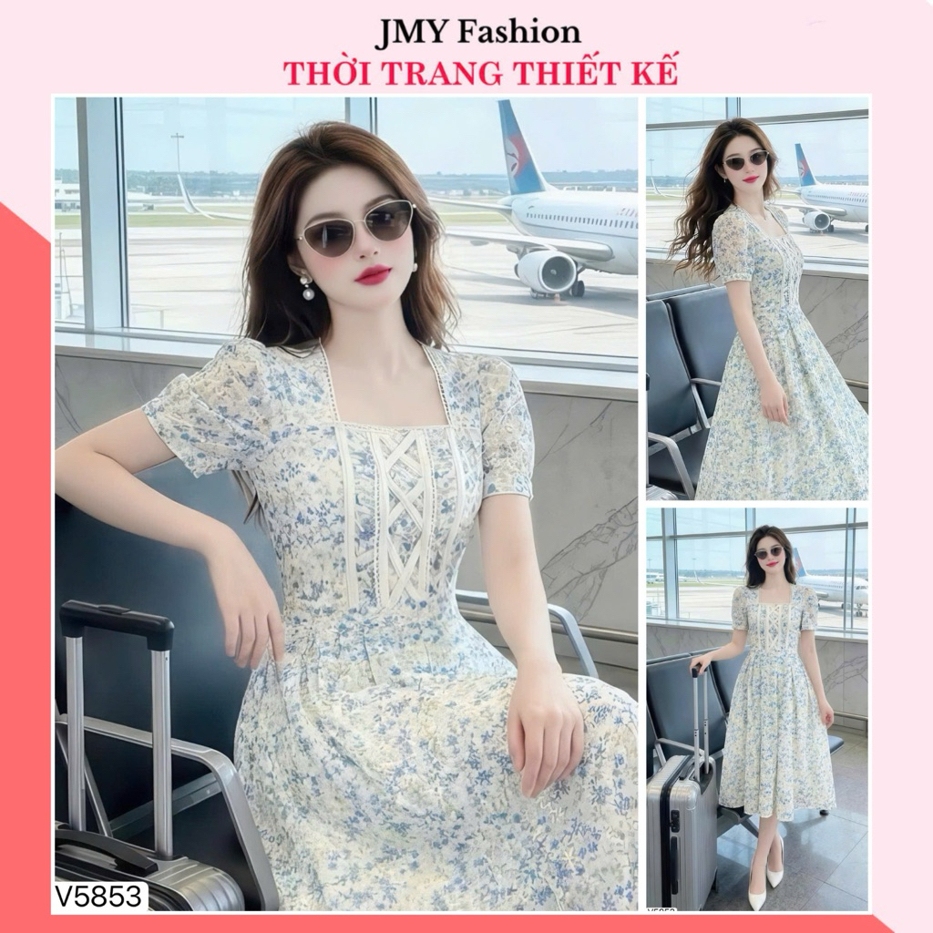 V5853 เดรสบานลายดอกไม้สีฟ้าคอเหลี่ยมหรูหรา [Dolce Viva Collection (DVC/ACC)]