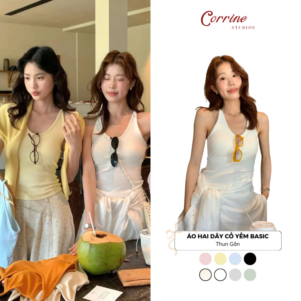 เสื้อกล้าม U-คอ Kittin Corriine ของผู้หญิง Cool แน่น Ribbed เสื้อกล้ามสีพาสเทลสไตล์เกาหลีฤดูร้อน AHD