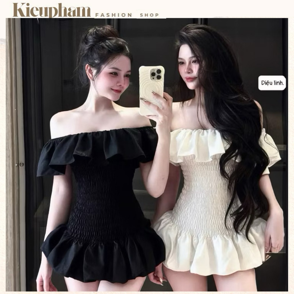 ผู้หญิงเกาหลี Kieupham ชุดเดรสเปิดไหล่ผู้หญิงเกาหลี Kieupham พร้อมบานสั้นและหางปลาเป็นชั้น