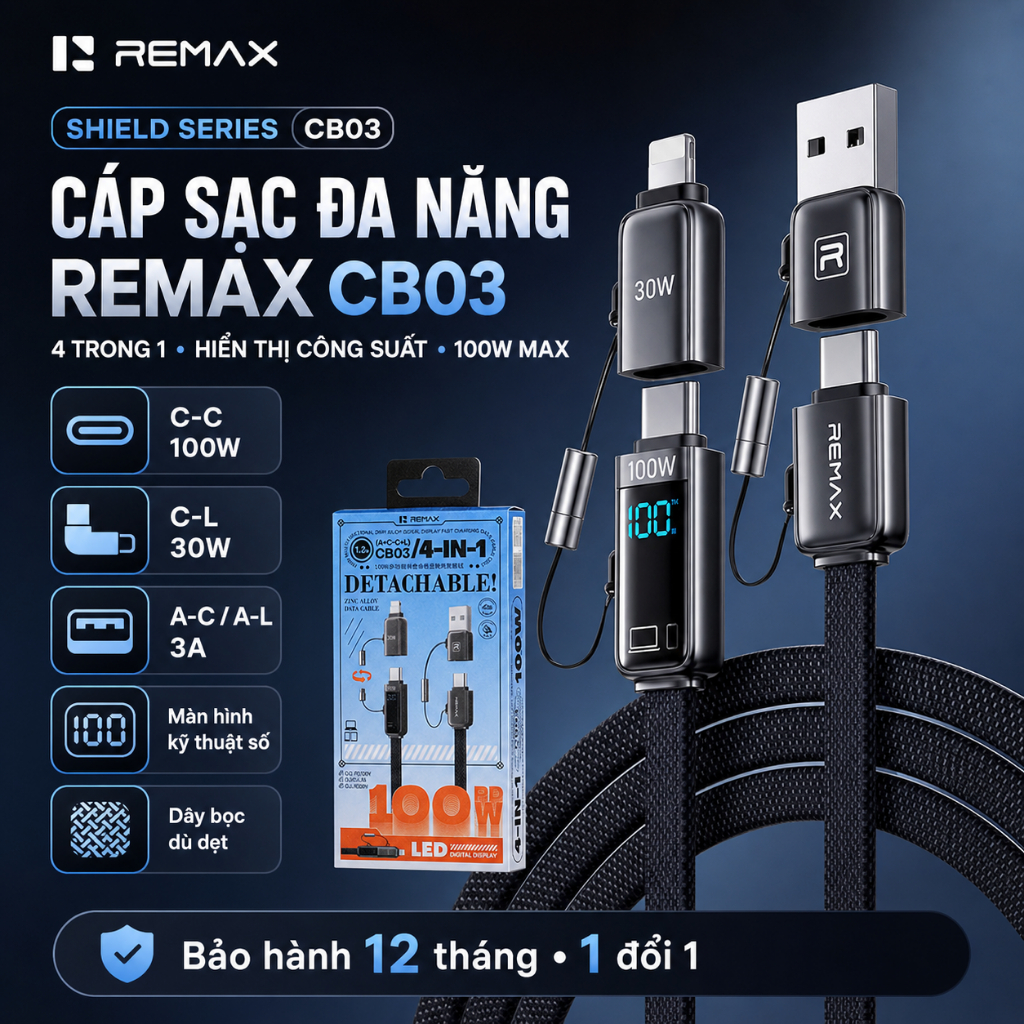 สายชาร์จ REMAX CB03 – 100W PD, 4 in 1, จอแสดงผลความจุ 1m2 – รับประกัน 12T