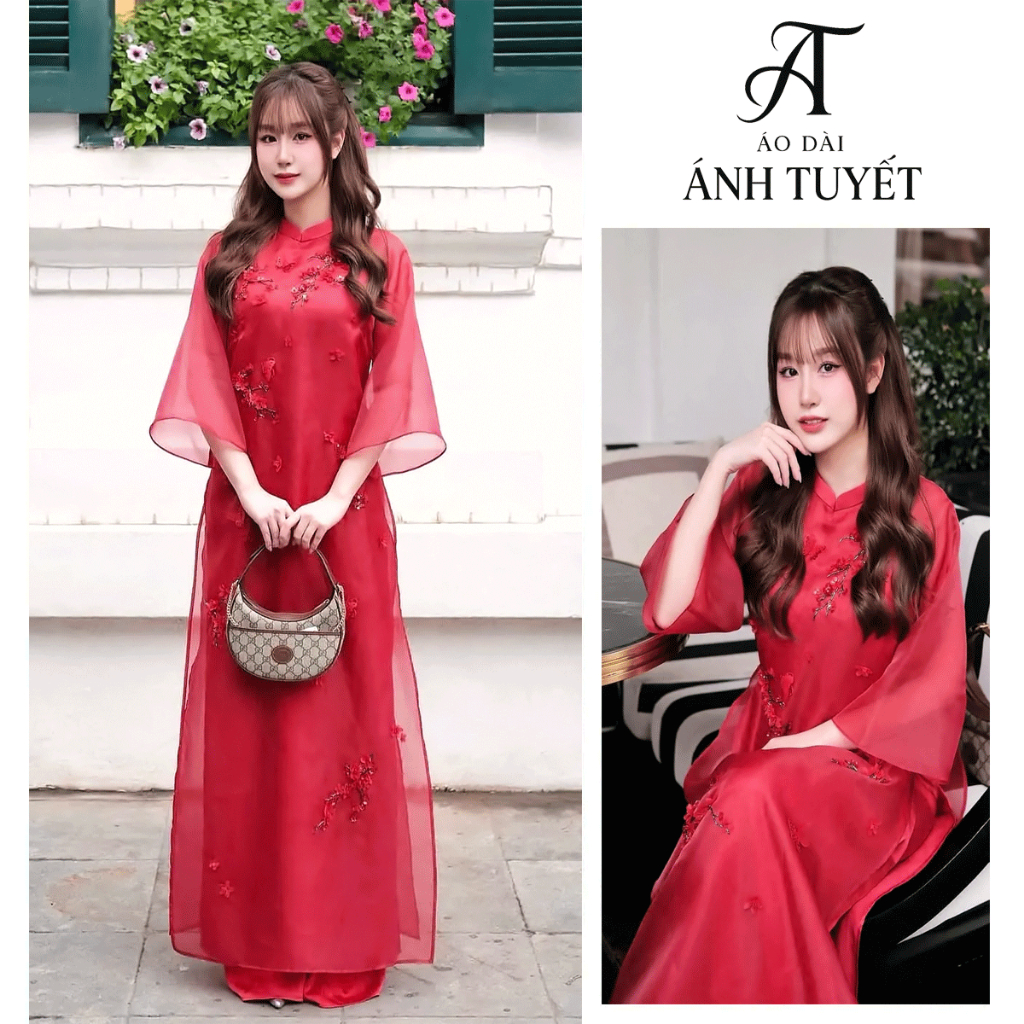นวัตกรรม ao dai ผ้าไหม ao dai พร้อมดอกไม้แอปริคอท ไซส์ S - 3XL