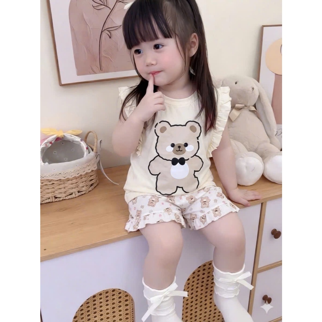 BEAR ชุดนอนสําหรับสาวเทรนด์มาแรง พิมพ์ลาย BEAR ผ้าคอตตอนเท่ๆ ไซส์ 9-35kg t58