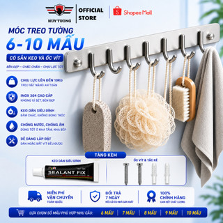 Móc treo tường tặng kèm  keo và ốc vít, móc treo quần áo inox gắn tường treo quần áo 6 đến 10 mấu
