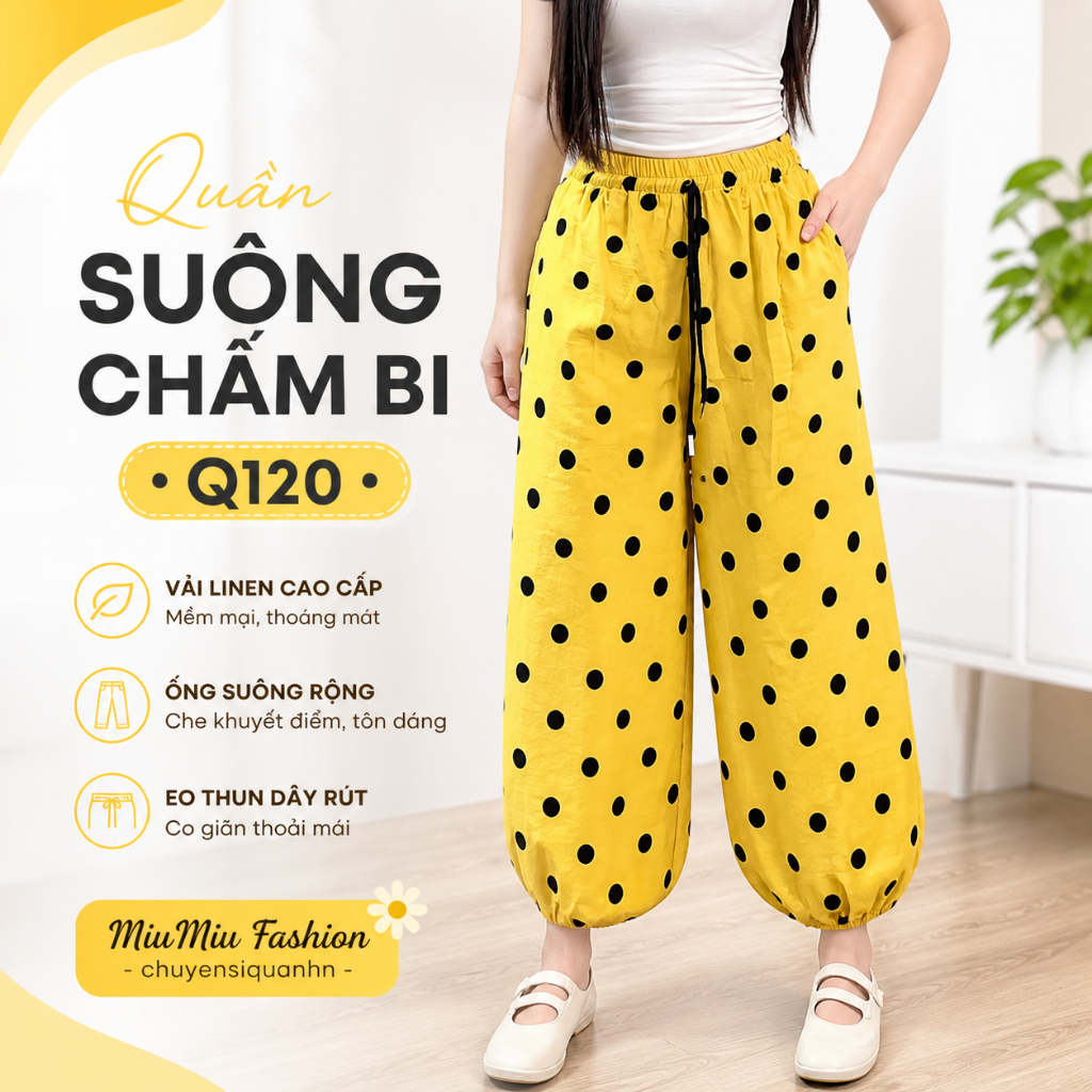 กางเกงทรงตรงขากว้างลายจุดผ้าลินินสําหรับผู้หญิง Q120 กางเกงขายาวเอวสูงสําหรับผู้หญิงเท่และพื้นเรียบ 