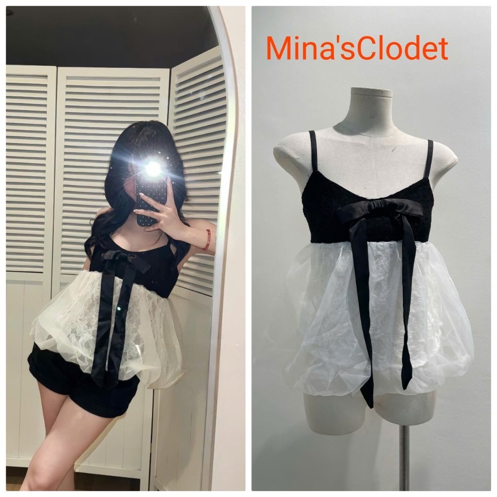 Minas Closet - เสื้อเกาะอกลูกไม้ตาข่าย 2 สายมีโบว์