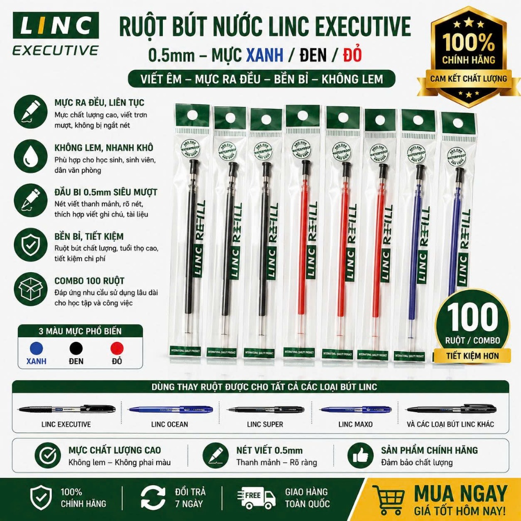 Combo 100 LINC EXECUITIVE 0.5mm Water Pen Refills - สามารถใช้แทนปากกา Linc ทุกประเภท