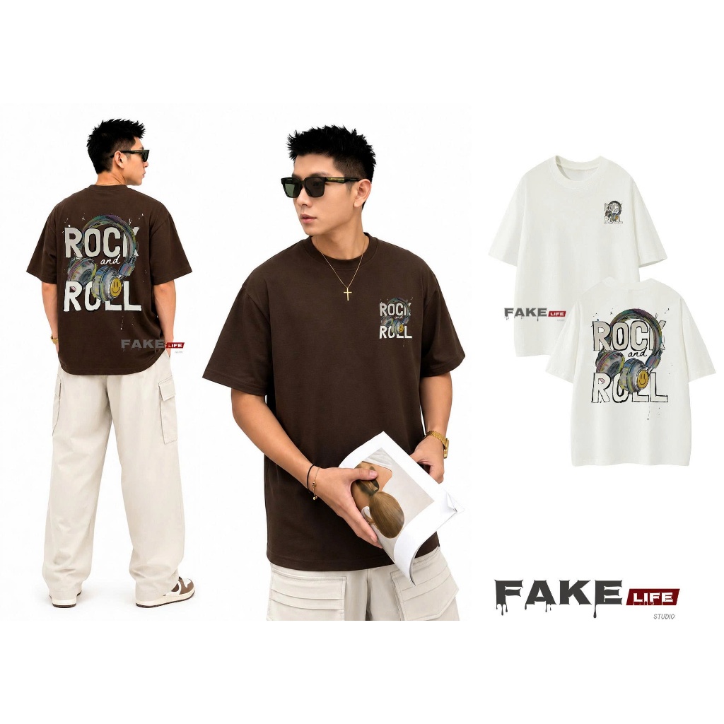 เสื้อยืดพิมพ์ลายคุณภาพสูง ROCK AND ROLL unisex FAKE LIFE MODEL ทรงหลวมสําหรับผู้ชายและผู้หญิง ผ้าฝ้า