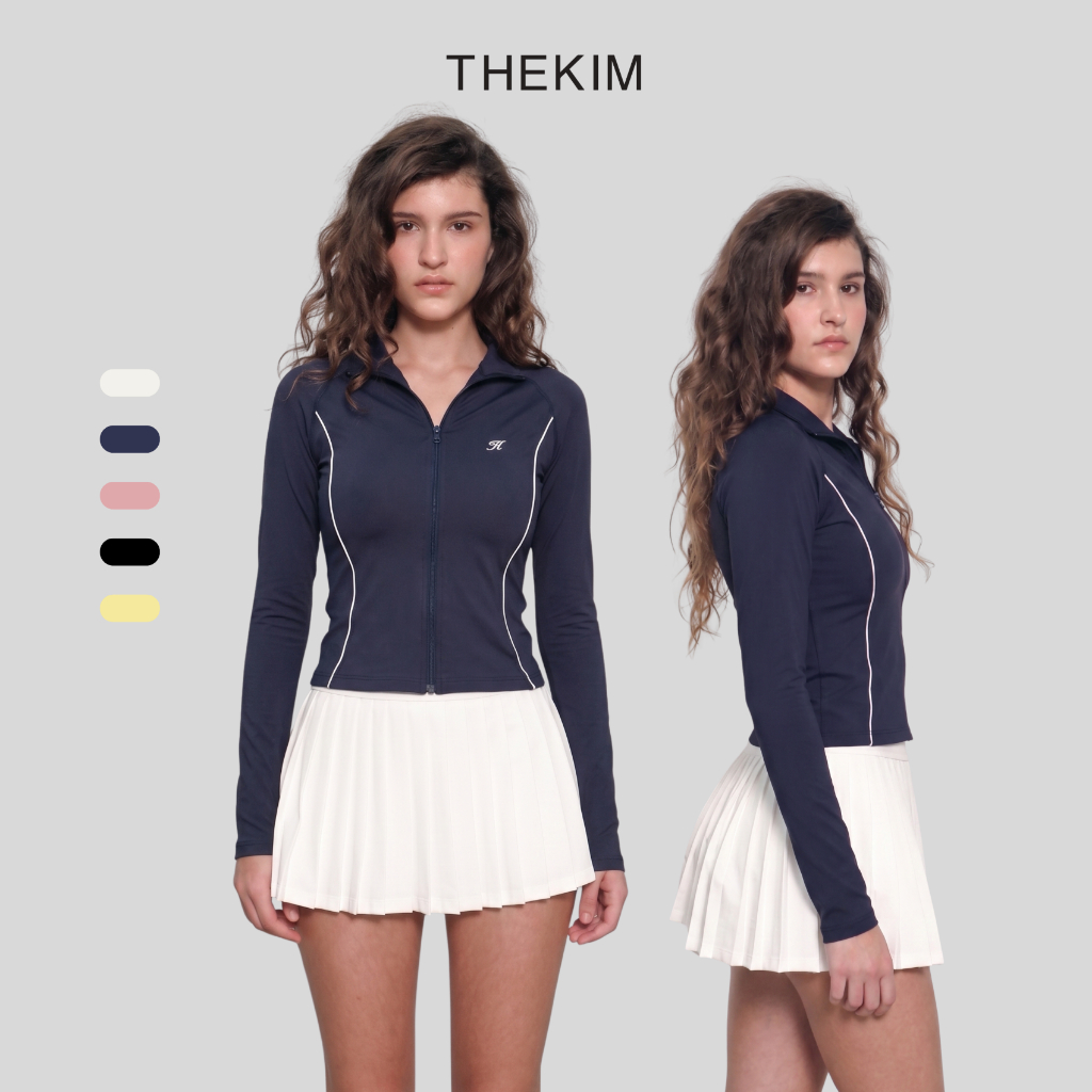 THEKIM เสื้อเชิ้ตแขนยาวกีฬาคอปกสูงมีเส้น (ไม่มีแผ่นรองหน้าอก) เสื้อแจ็คเก็ตซิปหน้าอกแขนยาวพิมพ์ลายโลโก้ T226