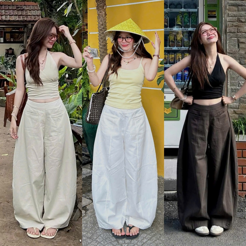 (OLDSCHOOL PHOTO) SUPER WIDE-TUBE กางเกงฮาเร็มสีกากี มีกระเป๋าแนวนอนซุ้ม Q1102 Chulla PANTS