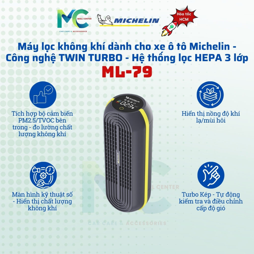 Michelin - เครื่องฟอกอากาศในรถยนต์ ML-79 - เทคโนโลยี TWIN TURBO - ระบบกรอง HEPA 3 ชั้น