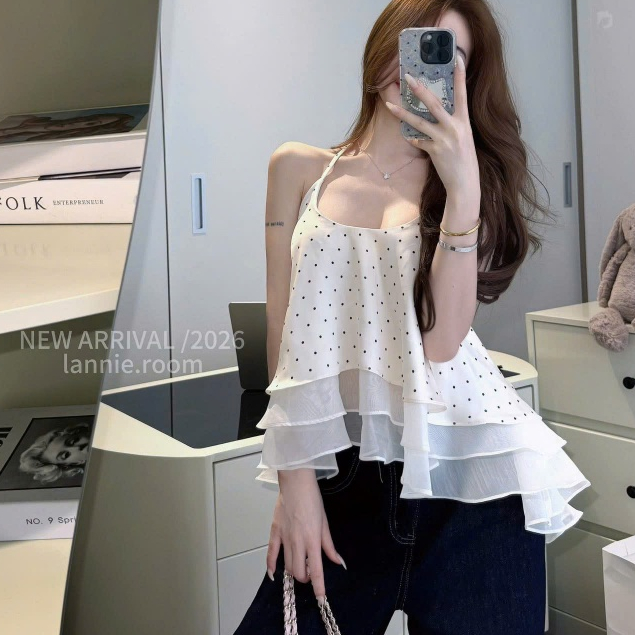 Hunix - เสื้อกล้ามผู้หญิงลายจุดสีเบจครีมลายจุด