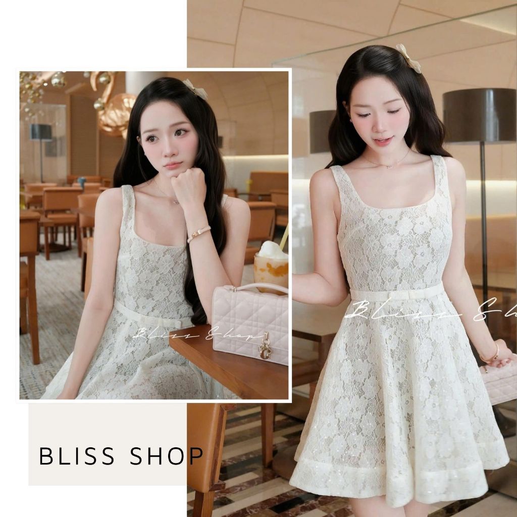 [การออกแบบระดับไฮเอนด์] Bliss Shop เดรสลูกไม้ 2-Strap แบบสั้นของสุภาพสตรีหรูหรามีโบว์ที่เอว - V564