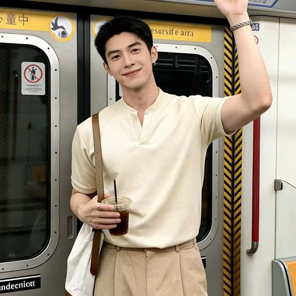 Gao studio เสื้อยืดคอวีผู้ชายทําจากผ้าฝ้ายนุ่มยืด 4 ทิศทาง Regular menswear ฟอร์ม G030