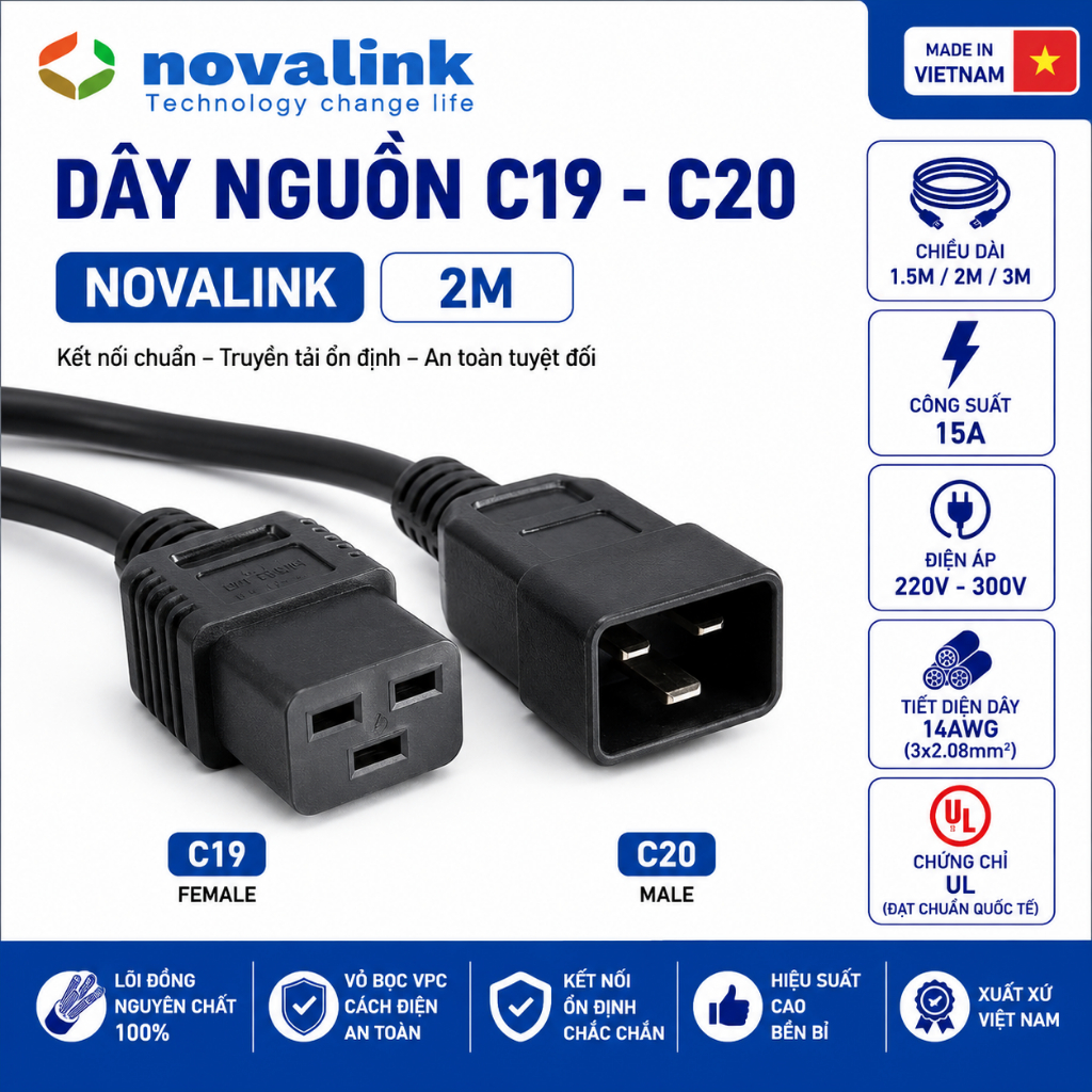 สายไฟ C19 C20 Novalink 2M 15A 300V 14AWG UL Standard สําหรับ PDU UPS Server