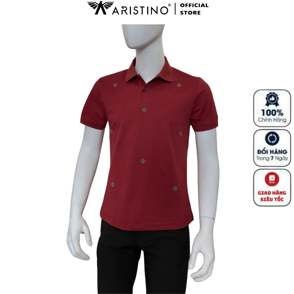 ARISTINO APS076FAH2 เสื้อโปโลแขนสั้นคอปกเปิดลง ผ้าคอตตอนผู้ชายคุณภาพสูง ทรงเข้ารูป งานปักสีแดงแบน