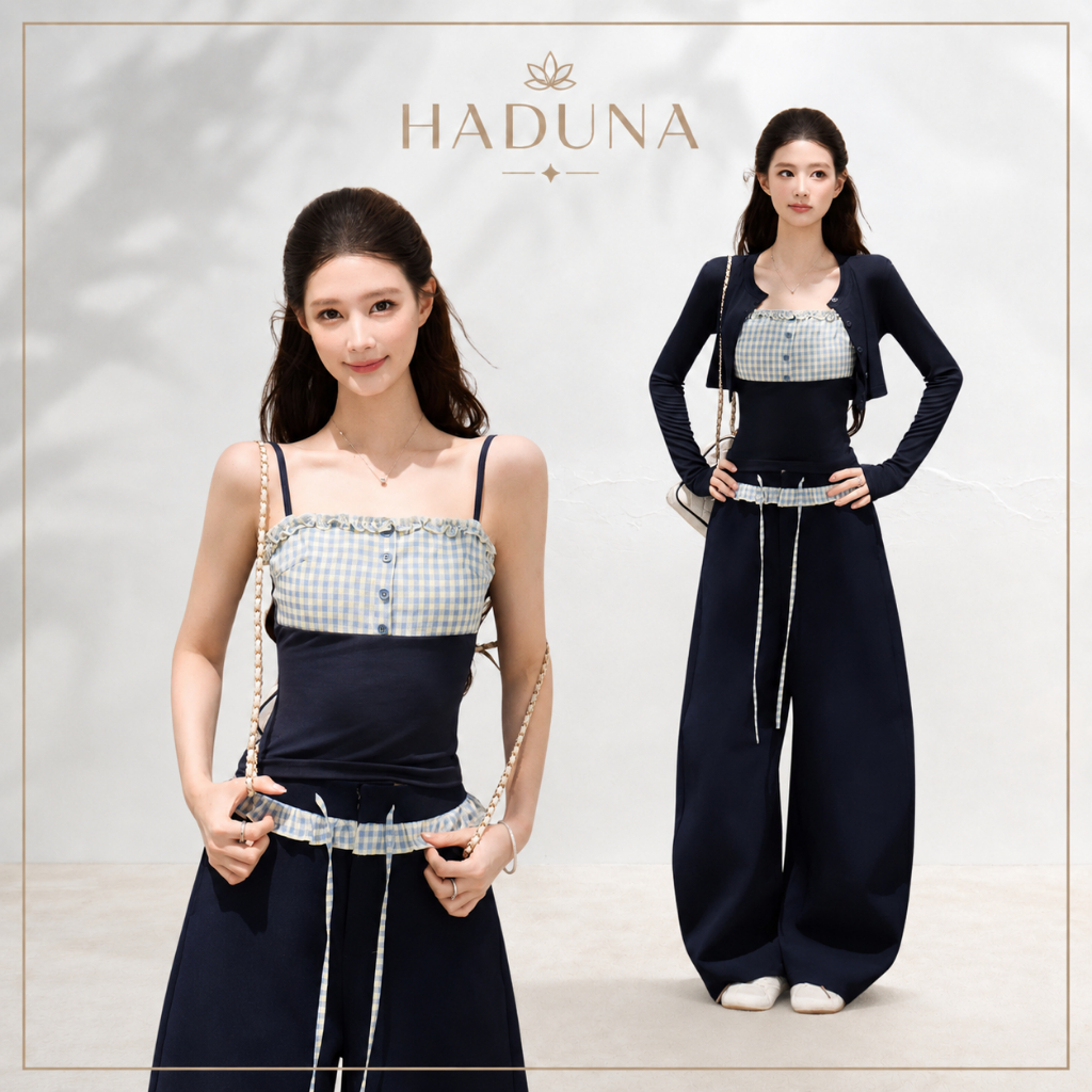 Set เสื้อเชิ้ตสองชิ้นพร้อมแจ็คเก็ต + กางเกงเอวยางยืด Bozip ใส่สบาย HADUNA SB007