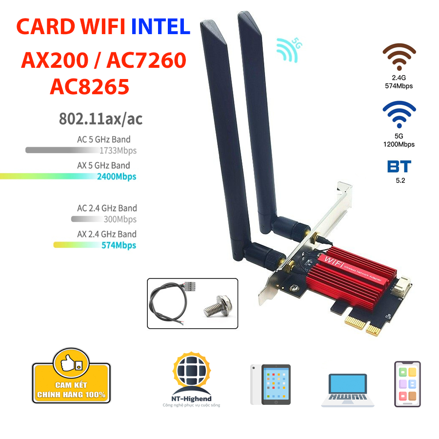 INTEL WIFI CARD AC7260 AC8260 AX200 สําหรับ PC ความเร็วสูงพร้อม WIFI5 WIFI6 มาตรฐาน HEATSINK และบลูท