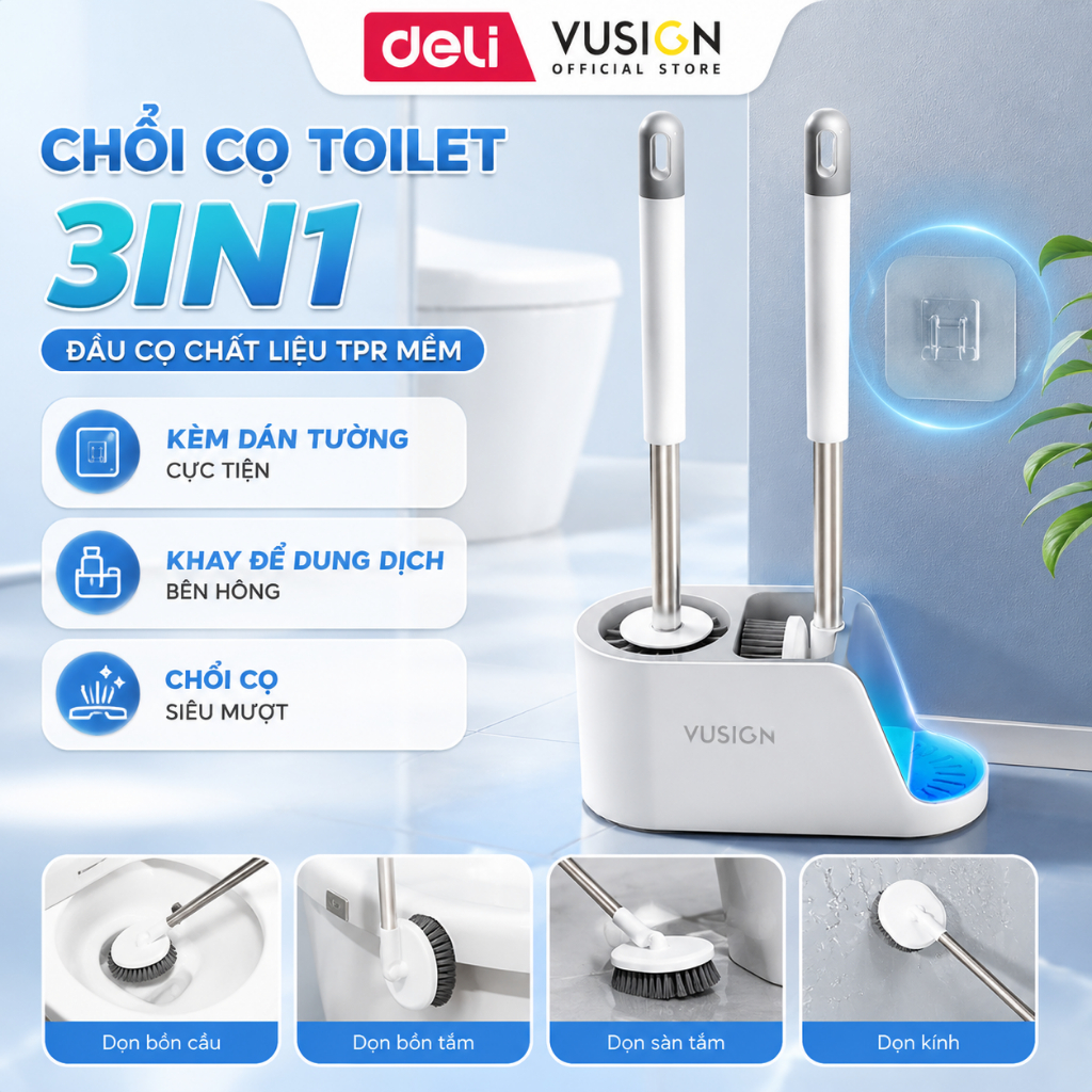 Deli Vusign 3in1 แปรงขัดห้องน้ําแปรงห้องน้ําสําหรับทําความสะอาดที่จับขวดพร้อมตะขอแขวน
