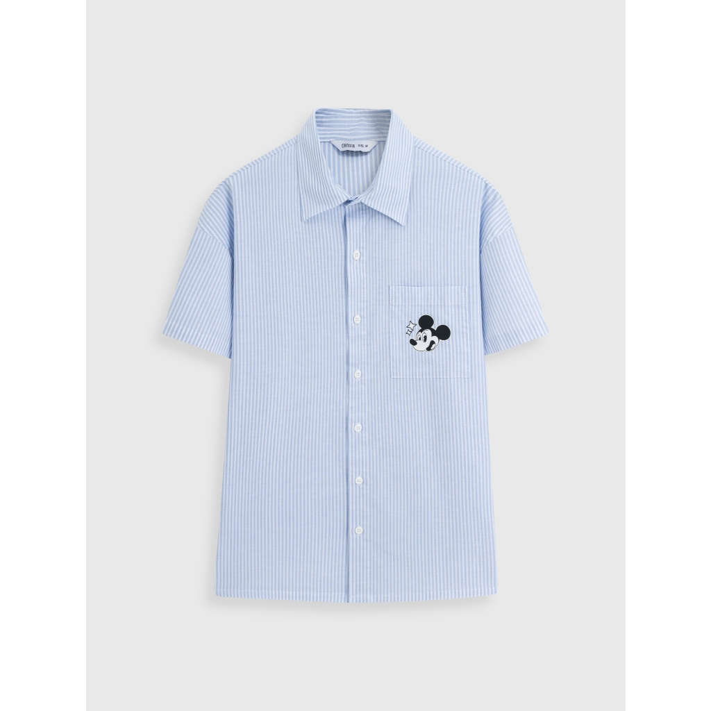 CANIFA เสื้อเชิ้ตผู้ใหญ่ unisex คอปกและแขนลายทางพิมพ์ลายมิกกี้ 5TH26S001