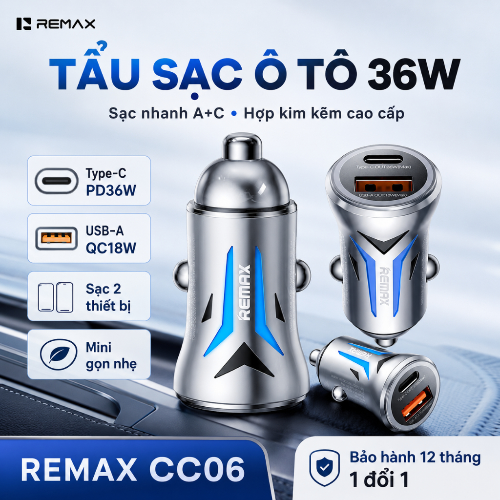 REMAX CC06 36W car charger - Zinc alloy, PD36W + QC18W, 2 พอร์ต A+C ขนาดกะทัดรัดและทนทาน - รับประกัน