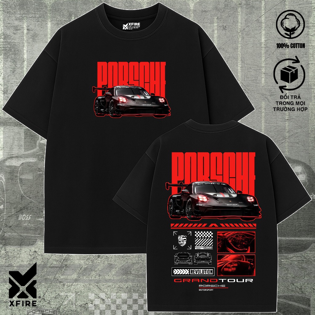 XFIRE Porsche Grand Tour Unisex Oversize Streetwear เสื้อยืดหลวมสําหรับผู้ชายและผู้หญิงผ้าฝ้าย 100% 
