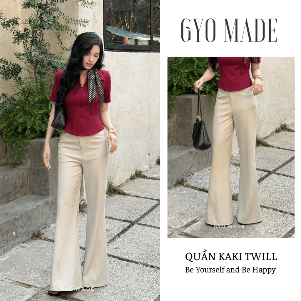 [ใหม่] กางเกงสีกากีผู้หญิง GYOMADE ทรง Twill ทรงบานอ่อน หนังชนบท เอวสูง ทรงเรียบหรู | GQ024
