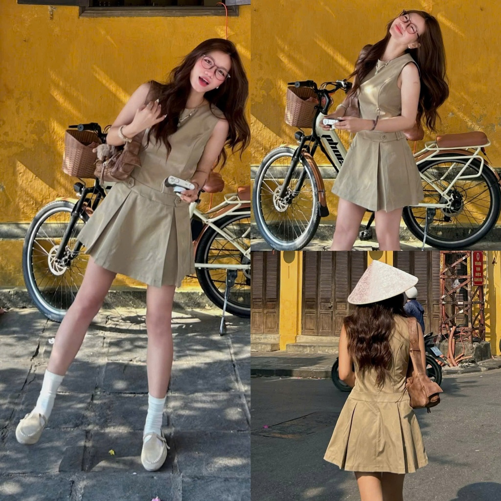 (OLDSCHOOL PHOTO) เดรสสายเดี่ยวผู้หญิงมีแขนและกระดุมที่เอว Ivy Dress