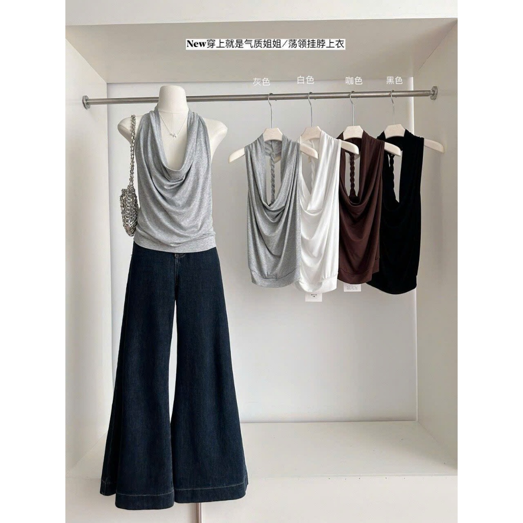 (มีสีดํา) เสื้อกล้ามคอบิดสีพื้นสีพื้นสุดเท่ ASN089 - เท่านั้น