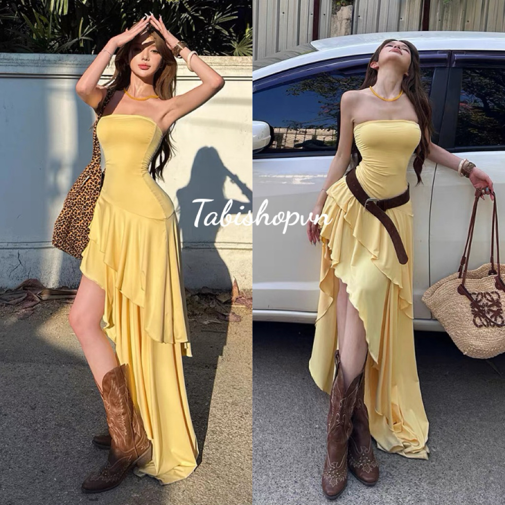 TABISHOP ชุดเดรสบอดี้คอนจับจีบเข้ารูป ชุดเดรสผู้หญิงทรงสีเหลืองเซ็กซี่สําหรับออกนอกบ้านในฤดูร้อน (324)
