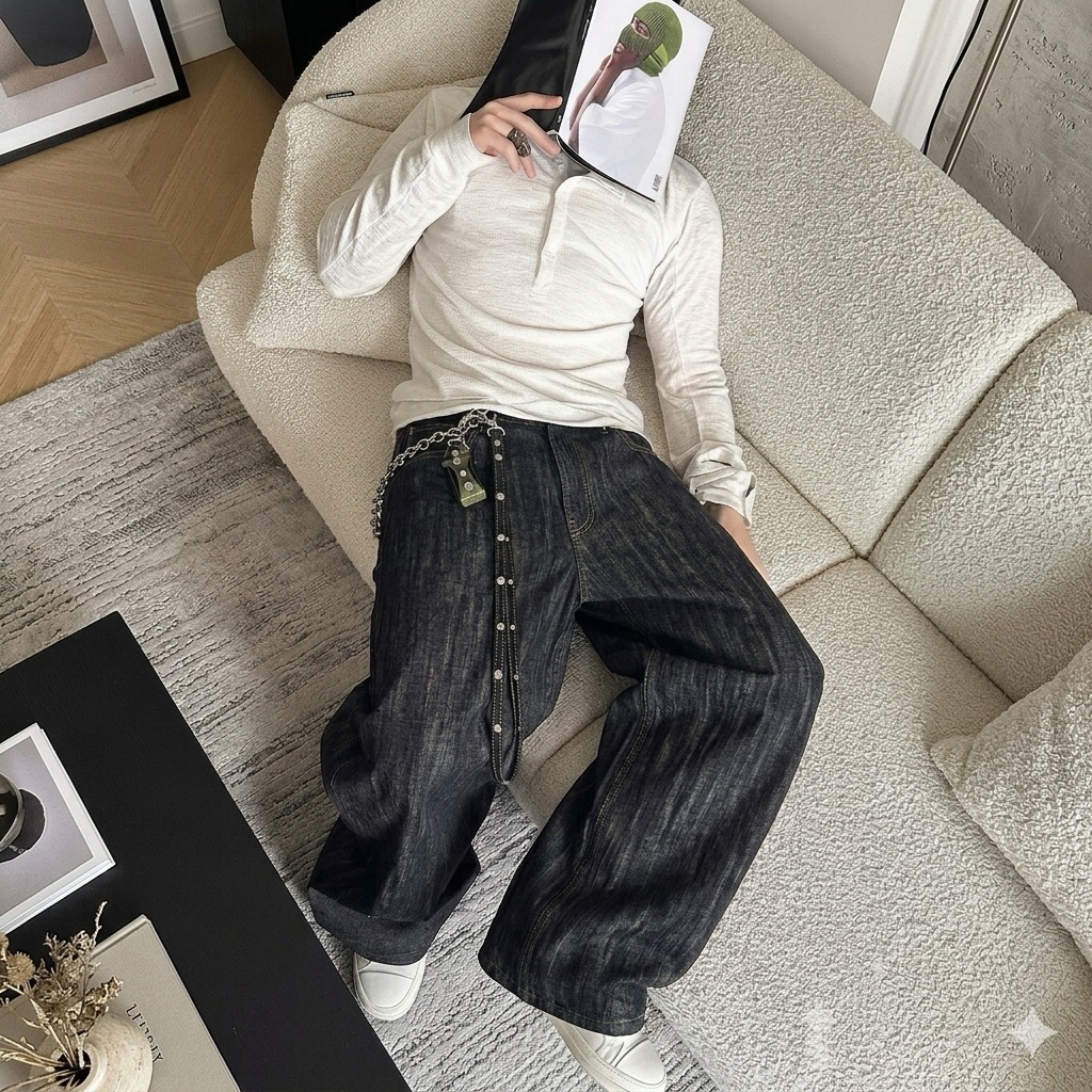 SQUID PANT | RAW DENIM TALURETRO GREY กางเกงยีนส์ขาโค้งสําหรับผู้ชายและผู้หญิง กางเกงขาบาน unisex ที่จางหายไปตลอดเวลา
