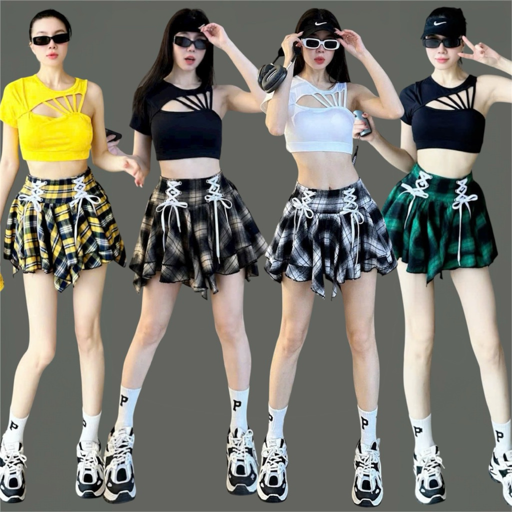 ผู้หญิง EXERCISE DRESS SET SOLD SEPARATY บราเปิดไหล่ กระโปรงลายสก๊อต พร้อมกางเกงป้องกัน zumba แอโรบิก สปอร์ต