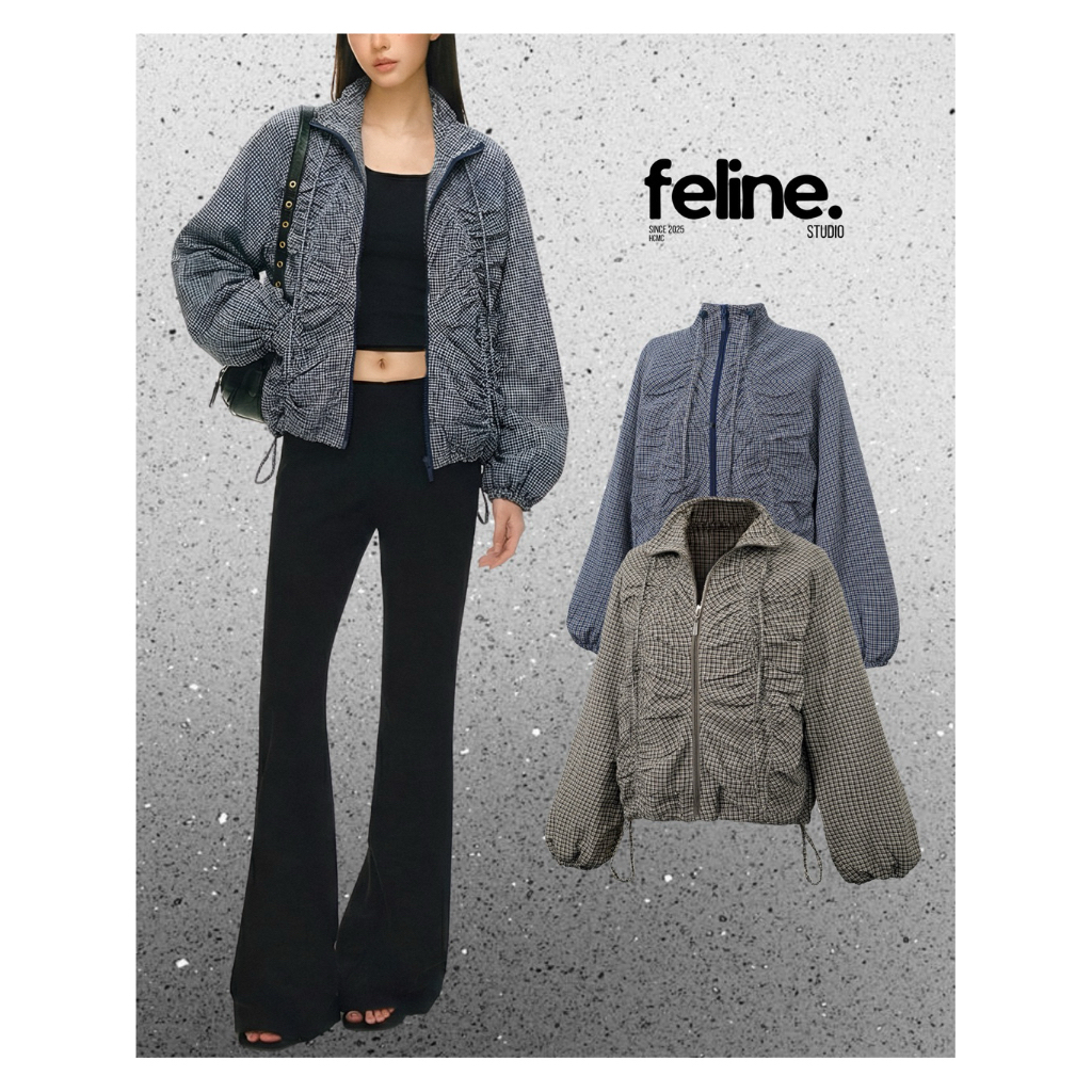 [FELINE STUDIO] เสื้อแจ็คเก็ตเชือกรูดลายหมากรุกสีน้ําตาลและสีน้ําเงินเข้ม - FL LITTLE PLAID JACKET