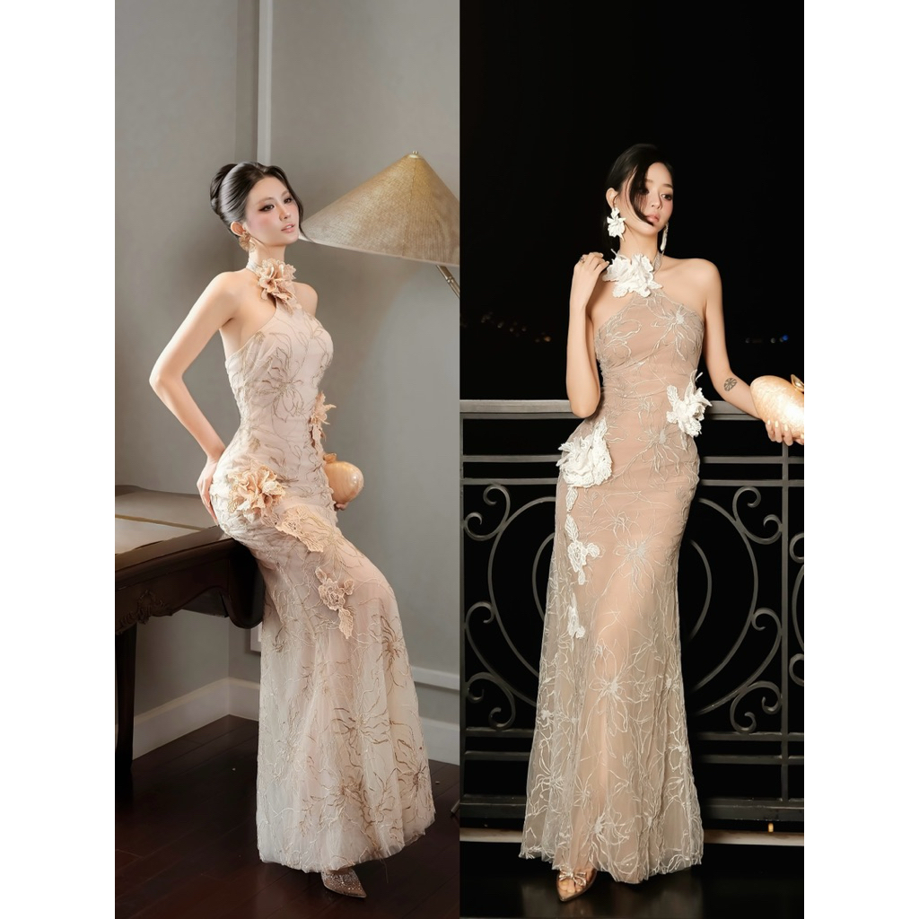 TADstore - Ravie Maxi Dress เดรสคล้องคอลายดอกไม้หางปลายาว