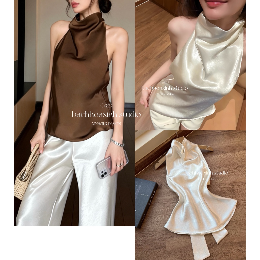เสื้อคล้องคอเปิดหลังผูกโบว์ – ผ้าไหมเนื้อนุ่มหรูหราด้วยฟอง | BACHHOAXINH