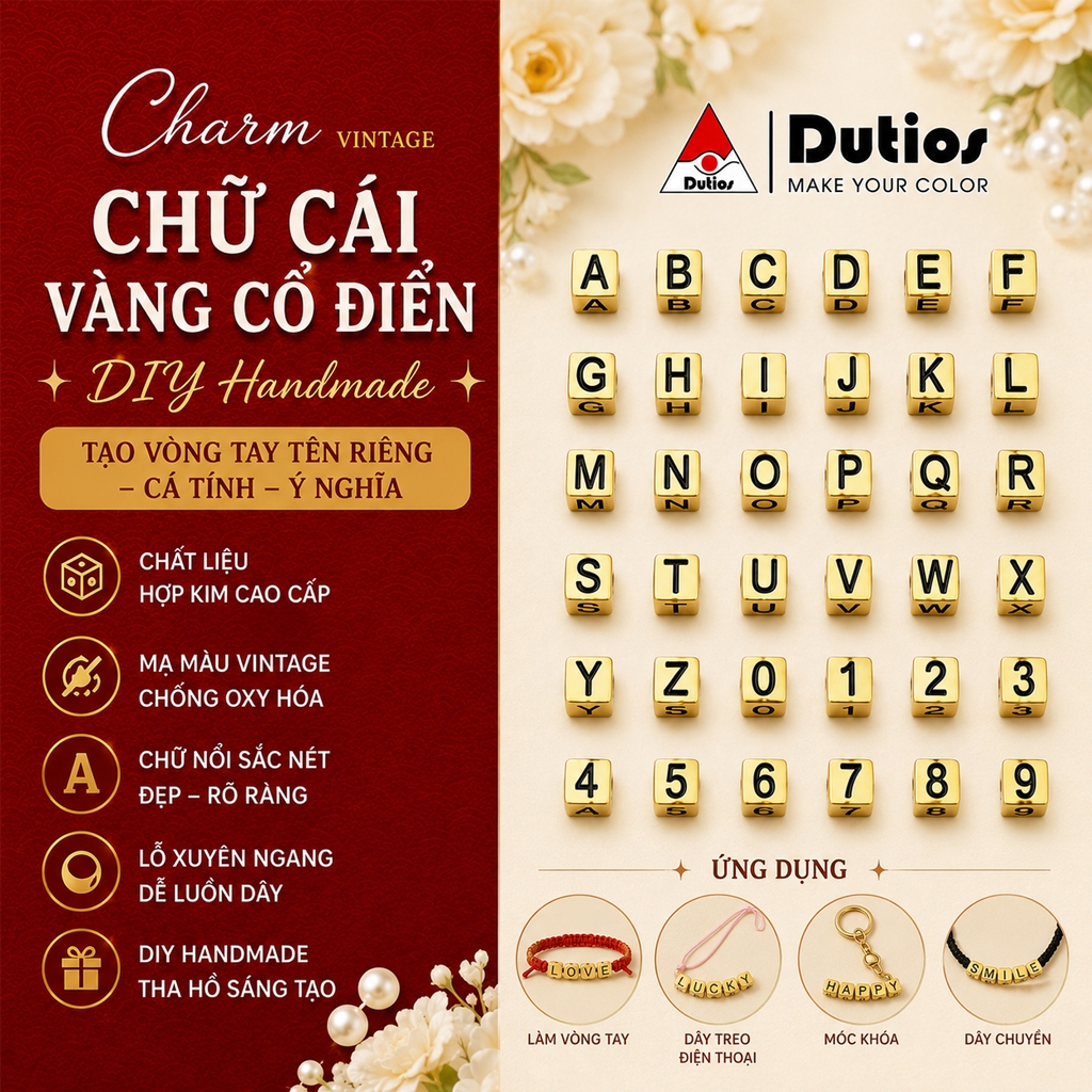 [Doutios] ลูกปัดตัวอักษรสี่เหลี่ยมชุบทอง DIY AZ – สร้อยข้อมือแฮนด์เมดและสร้อยคอ Charm CCV001