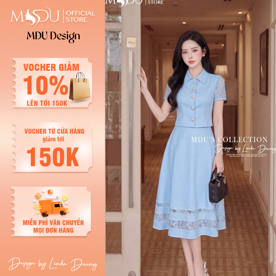 ชุดเดรสสํานักงานสีทองญี่ปุ่นสีฟ้าพร้อมลูกไม้นูนติดกระดุมหรูหรา MDU6254 | การออกแบบ MDU