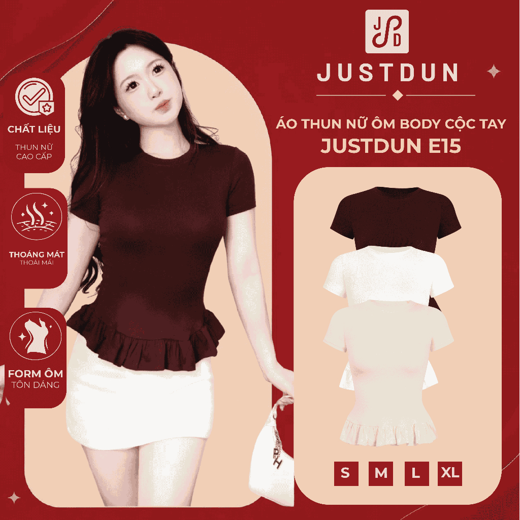 JUSTDUN E15 เสื้อยืดแขนสั้นผู้หญิง Bodycon - Pretty Ruffle Hem ผ้าฝ้ายเรียบคุณภาพสูง Flattering