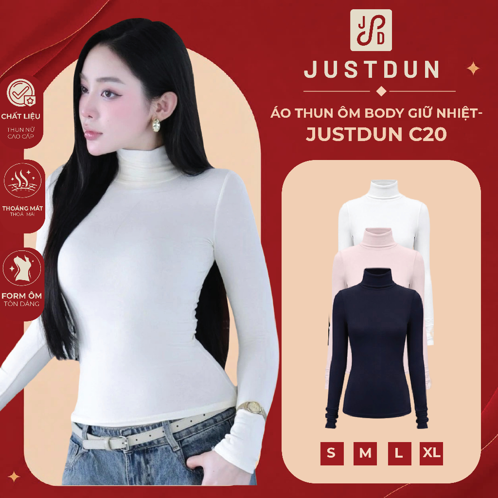 JUSTDUN C20 เสื้อยืดบอดี้คอนความร้อนคอปกสูง 8 นิ้ว แขนยาว - ผ้าฝ้ายหนา แบนเตอร์