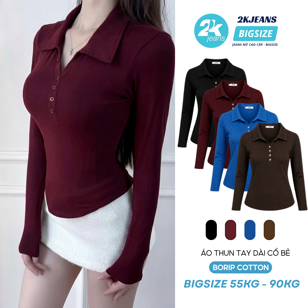 ผู้หญิงแขนยาวเปิดลงปกปุ่มเสื้อยืดขนาดใหญ่ยืดผ้าฝ้าย 2Kjeans_bigsize AT9069