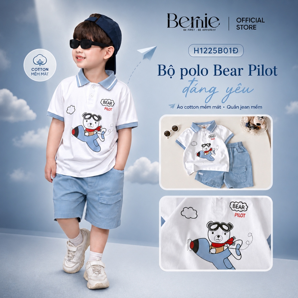 ชุดโปโลแขนสั้นเด็กชาย Lovely Bernie Bear Pilot - ชุดสูทเด็กชายฤดูร้อน 9-24kg - H1225B01D
