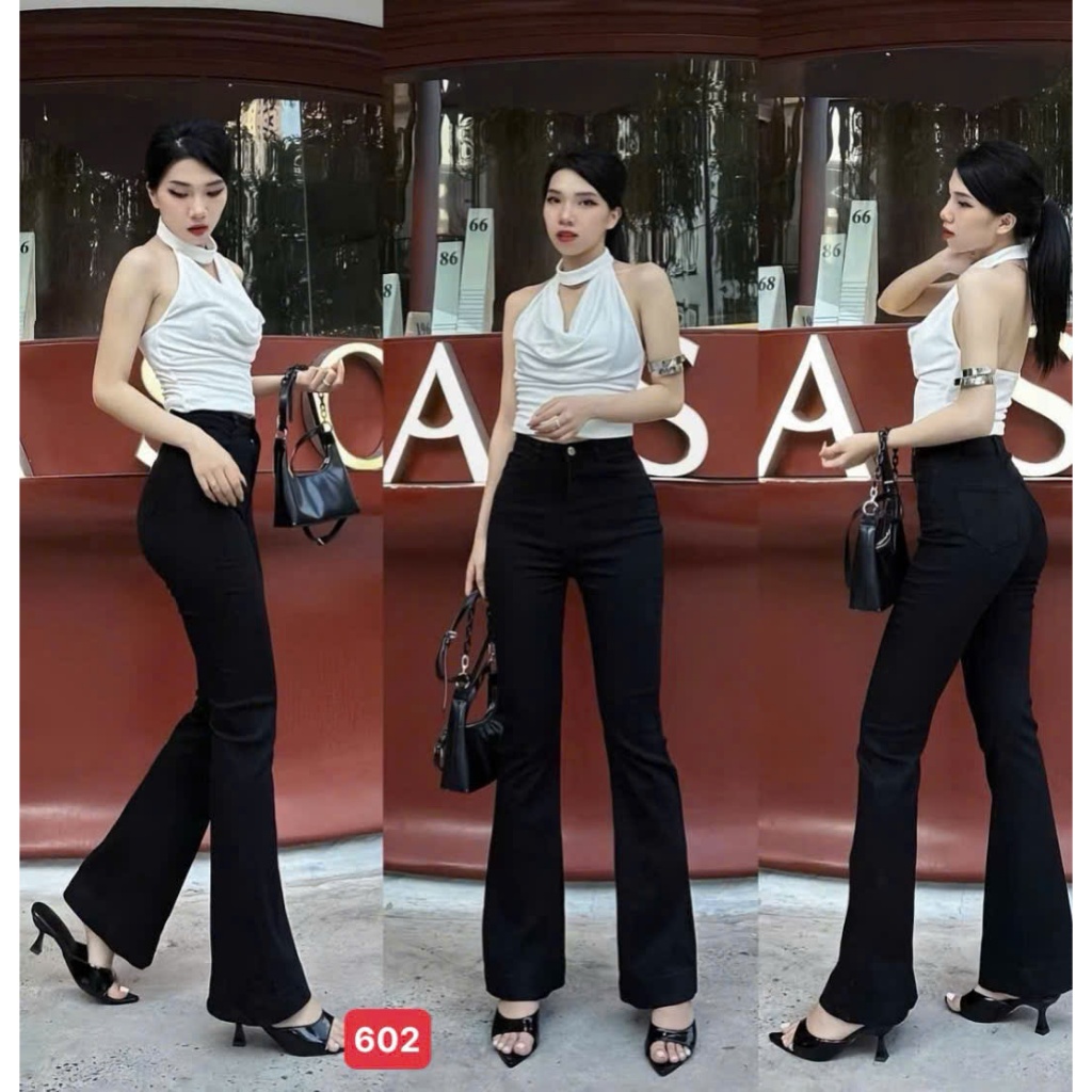 กางเกงยีนส์ขาบานสีดําล้วนหญิงอ่อนเยาว์ดีไซน์เอวสูงและบุคลิกภาพ SOLO-SHOP MS602