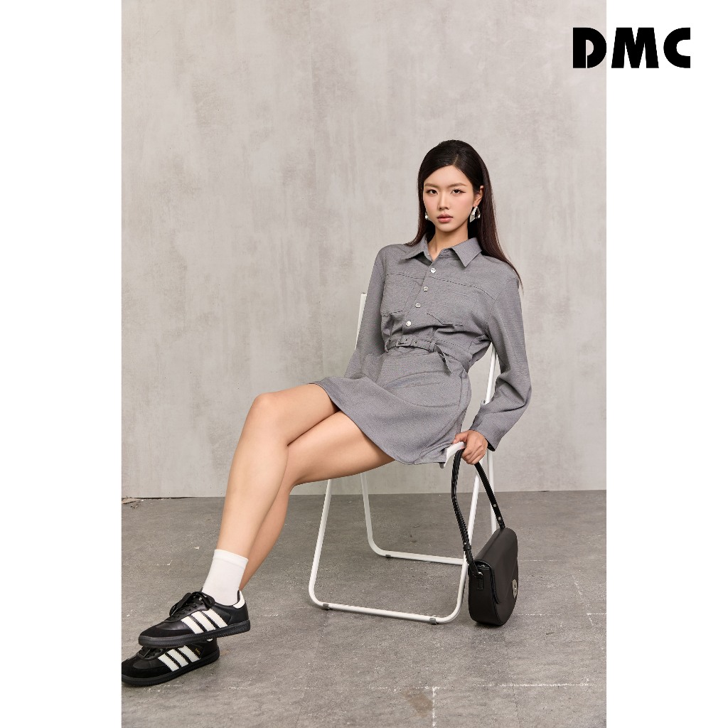 DMC เดรสสั้นเข็มขัดคอเยอรมัน (มินิเดรสทอสีเทา)