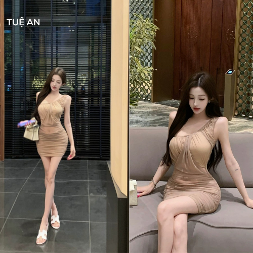 ชุดเดรสคล้องคอเปิดไหล่หรูหราเย้ายวนสําหรับผู้หญิงในฤดูร้อนพร้อมกระโปรงเอวจับจีบรัดรูปพร้อมแผ่นรองหน้