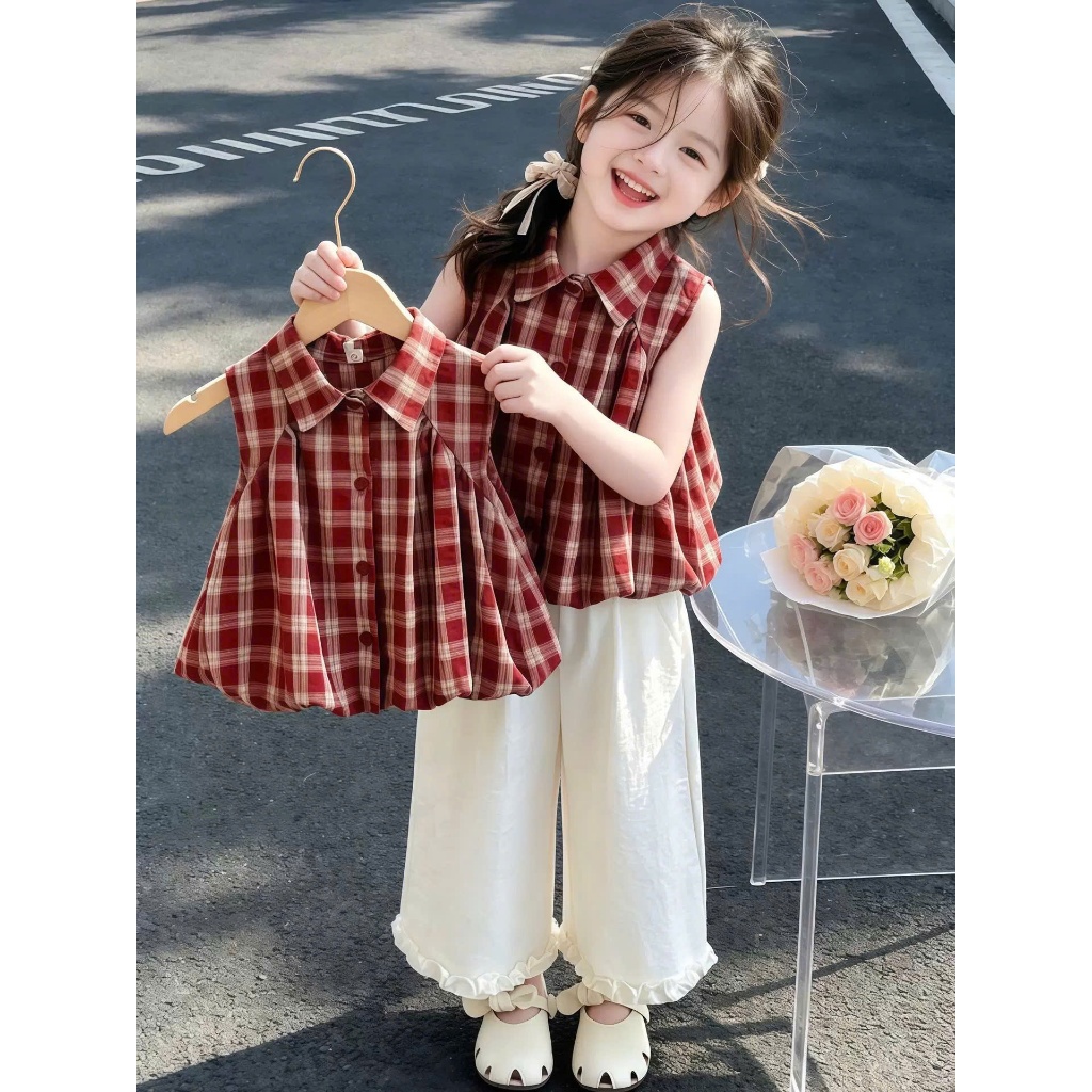 สาว' เสื้อผ้า - ชุดเด็กผู้หญิงเปิดลงปกเสื้อกล้ามทรงพองและกางเกงขาตรงน่าระทึกใจสําหรับเด็กตั้งแต่ 1 ปีถึง 7 ปี