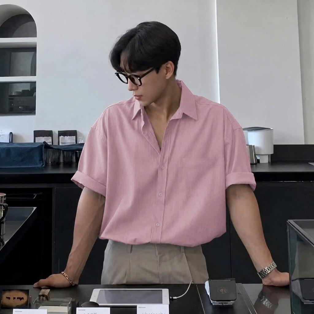 เสื้อเชิ้ตฤดูร้อนสีชมพูแขนสั้น Halley A42 ดีไซน์อ่อนเยาว์ในผ้าลินินสุดเท่