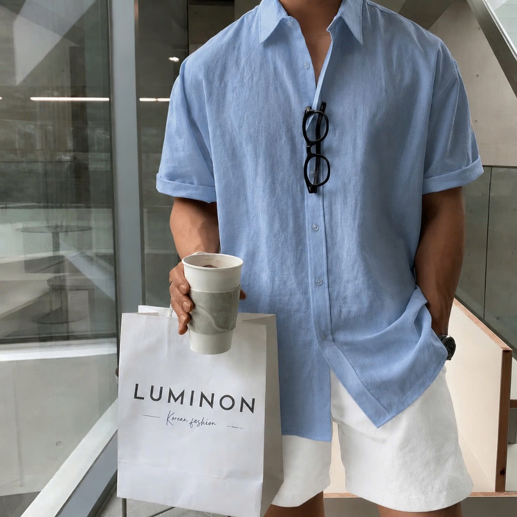 เสื้อเชิ้ตแขนสั้นผ้าลินินสีฟ้าฤดูร้อนสุดเท่เสื้อเบลเซอร์ทํางานและเล่น Halley A42