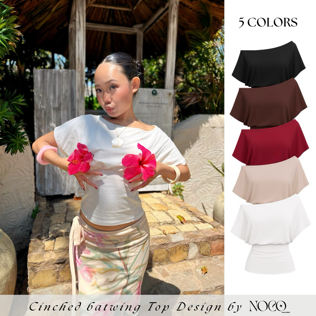 เสื้อค้างคาวปิดไหล่พร้อมเอวโดย noco.label, Y2K เสื้อปาดไหล่แขนกว้างสไตล์ยุโรปและอเมริกา